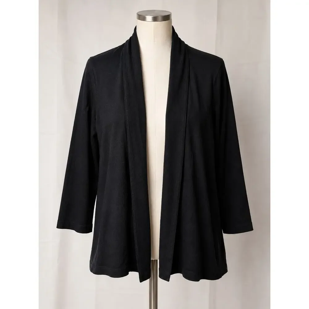 Eileen Fisher Woman Black Open Front Knit Cardigan Jacket 2X Stretch Lightweight - Picture 2 of 7